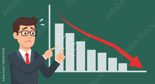 Worried businessman pointing at a declining sales graph, visualizing economic downturn and financial loss with a red arrow in a chart