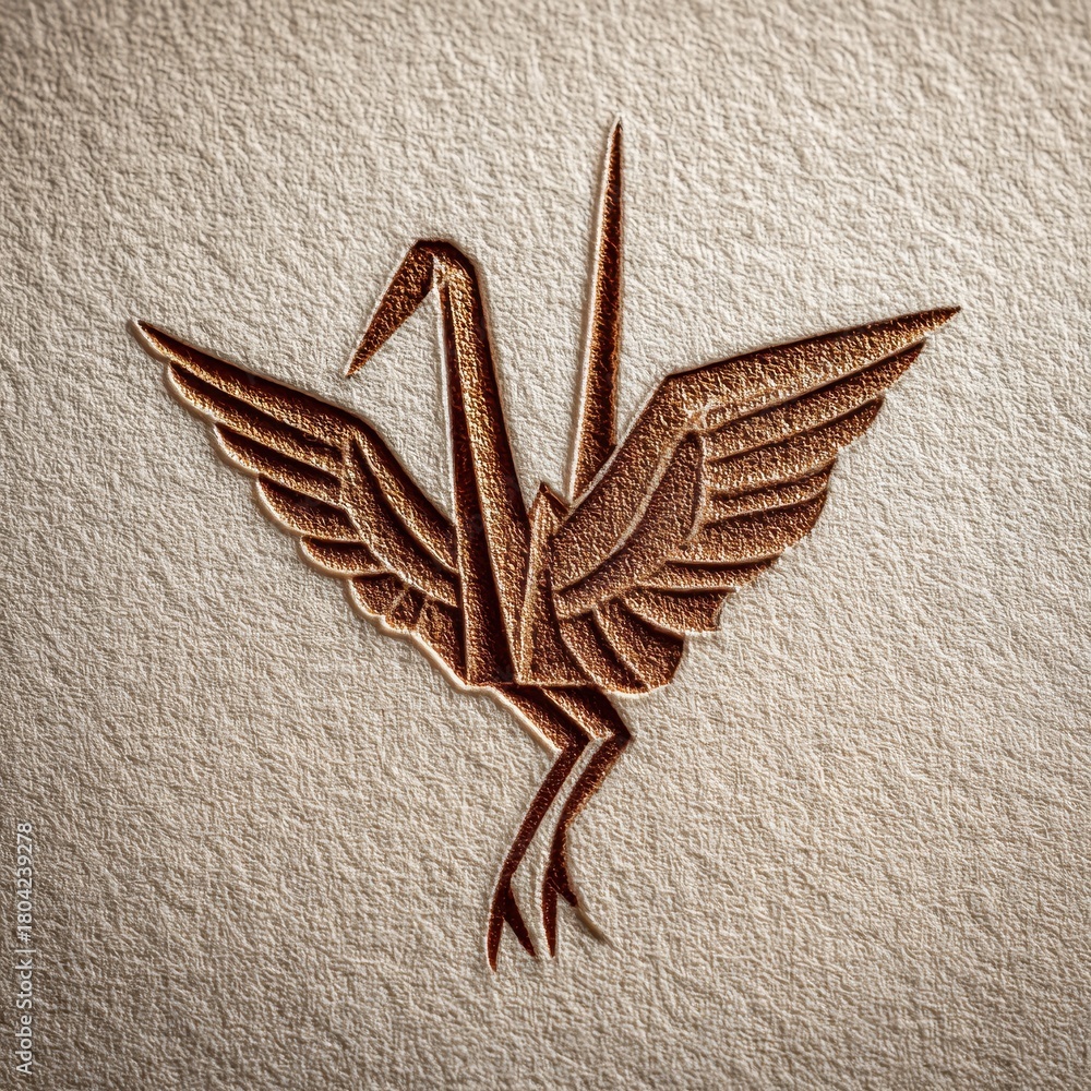 Fototapeta premium A metallic copper origami crane silhouette against a textured background.