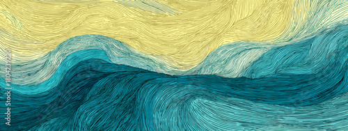 Dynamic Abstract Waves with Blue Water and Yellow Sky Creating a Bold Oceanic Scene