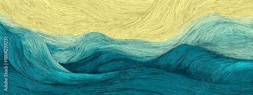 Dynamic Abstract Waves with Blue Water and Yellow Sky Creating a Bold Oceanic Scene