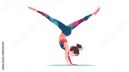 Colorful Athletic Woman Performing Handstand Pose in Dynamic Yoga Practice on White Background