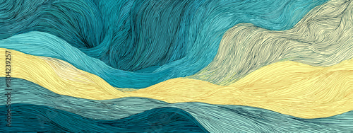 Dynamic Abstract Waves with Blue Water and Yellow Sky Creating a Bold Oceanic Scene