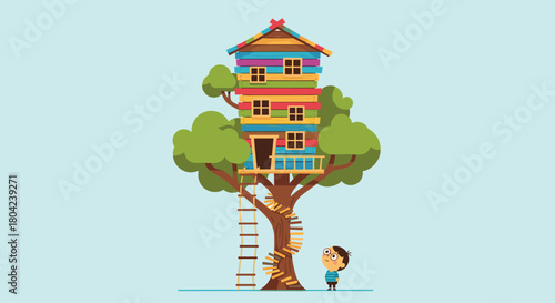 Whimsical treehouse adventure awaits a young boy, sparking imagination and dreams of childhood fun in a colorful leafy hideaway
