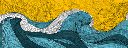 Dynamic Abstract Waves with Blue Water and Yellow Sky Creating a Bold Oceanic Scene