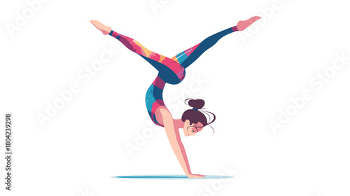 Colorful Athletic Woman Performing Handstand Pose in Dynamic Yoga Practice on White Background