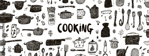 Black and White Kitchen Utensils and Ingredients Pattern with Cooking Theme Illustrations and Text