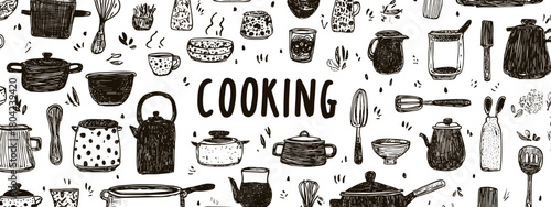 Black and White Kitchen Utensils and Ingredients Pattern with Cooking Theme Illustrations and Text