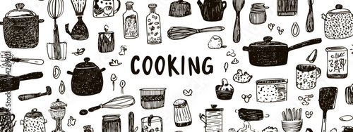 Black and White Kitchen Utensils and Ingredients Pattern with Cooking Theme Illustrations and Text