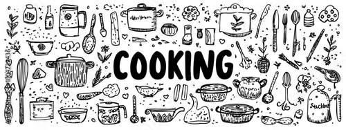 Black and White Kitchen Utensils and Ingredients Pattern with Cooking Theme Illustrations and Text