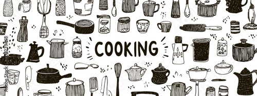Black and White Kitchen Utensils and Ingredients Pattern with Cooking Theme Illustrations and Text