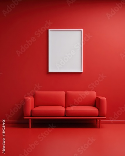 Red interior scene with a white picture frame and a red couch.