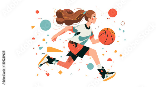 Young Female Athlete Dribbling Basketball with Determination in a Colorful Cartoon Style