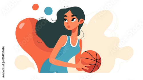 Young Female Athlete Dribbling Basketball with Determination in a Colorful Cartoon Style