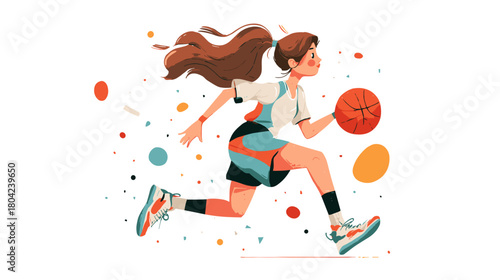 Young Female Athlete Dribbling Basketball with Determination in a Colorful Cartoon Style