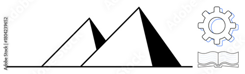 Two pyramids paired with a gear and an open book. Ideal for history, knowledge, learning, innovation, engineering, heritage, and culture. Simple flat metaphor