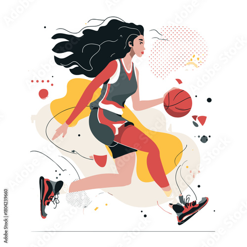 Young Female Athlete Dribbling Basketball with Determination in a Colorful Cartoon Style