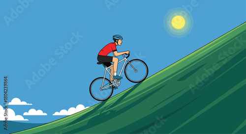 The freedom of cycling outdoors, a cyclist rides up a green mountain with a bright sun in the blue sky, perfect for active lifestyle content