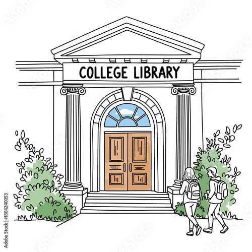 College library entrance with students arriving for College Admissions  
