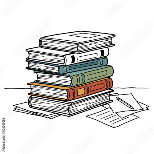 Stack of books on desk with papers and pen - Concept of College Admissions  