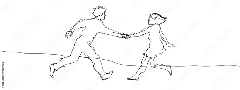 Obraz premium Minimalist Continuous Line Drawing of Boy and Girl Running Hand in Hand