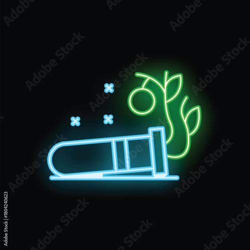Glowing neon icon of a plant growing from a test tube, representing biotechnology and genetic engineering