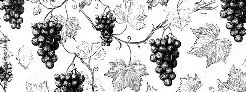 black and white seamless pattern with grapes and leafs vine brunch 