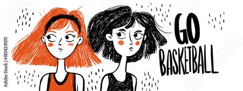 hand drawn illustration go basketball with girls and ball banner vector 