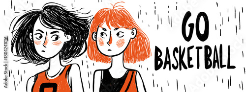 hand drawn illustration go basketball with girls and ball banner vector 