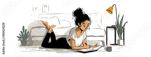 young woman with a book chilling a room cozy vibes vector 