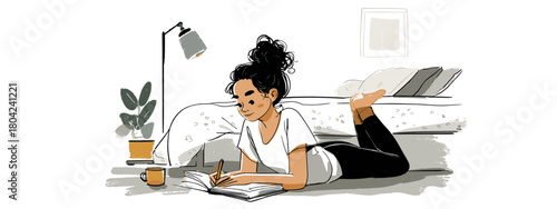 young woman with a book chilling a room cozy vibes vector 
