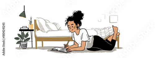 young woman with a book chilling a room cozy vibes vector 