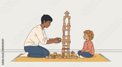 Father and child building tower together with wooden blocks on rug, creating family memories and enjoying quality playtime at home