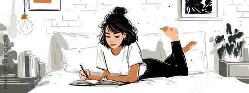 young woman with a book chilling a room cozy vibes vector 