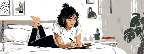 young woman with a book chilling a room cozy vibes vector 