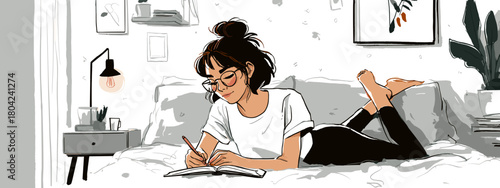 young woman with a book chilling a room cozy vibes vector 