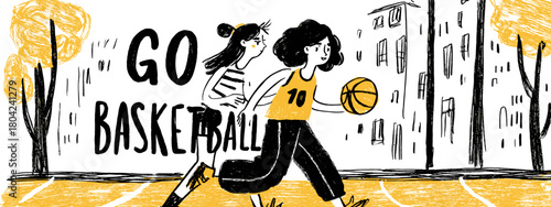 hand drawn illustration go basketball with girls and ball banner vector 