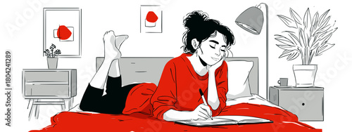 young woman with a book chilling a room cozy vibes vector 