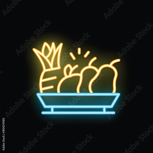 Neon sign representing fruit basket with pineapple apples and pears on black background