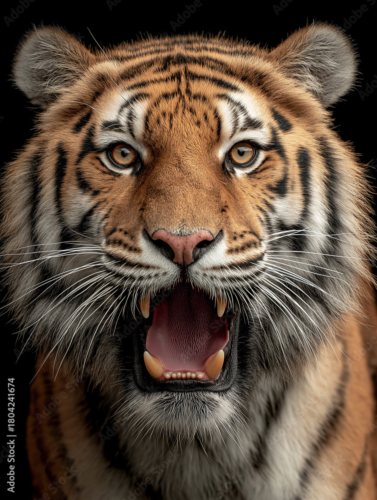 Fototapeta premium Tiger snarls on a black background. Ferocious close-up reveals bared teeth and a wide open mouth.