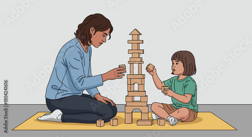 Loving mother and child build a wooden block tower together, creating happy memories and fostering creativity in a bright, playful space