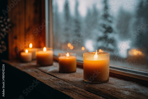 candles on wooden slab by snowy window