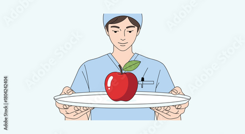 Healthy hospital worker offering a fresh red apple on a plate, promoting wellness and nutrition for patients and staff in a modern setting