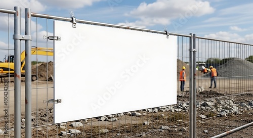 information board with white blank mockup on metal fence of construction site side view