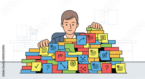 Overwhelmed businessman managing tasks with sticky notes in modern office setting needs solutions to improve efficiency and productivity now