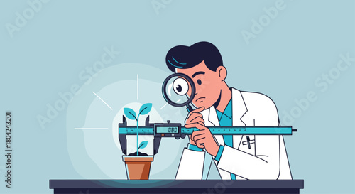Scientist carefully measuring plant growth with digital calipers and magnifying glass, showcasing precision and innovation in agriculture research