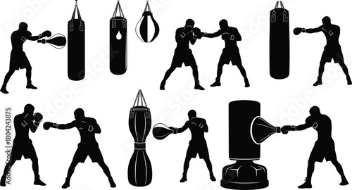 Boxing silhouette set, punch bag icons, training poses, fighter stances, sports vector, black and white, fitness illustration, combat