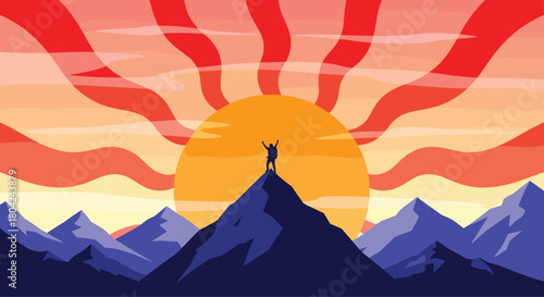 Triumphant hiker celebrating summit success with arms raised against a glorious sunset in the majestic mountains of a vibrant landscape