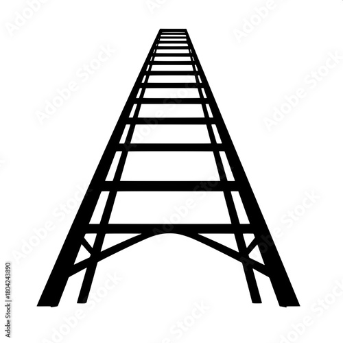A stylized black silhouette of a ladder viewed from a low perspective, making it appear taller and more dramatic, with bold lines and sharp edges, set against a clean and empty white background that c