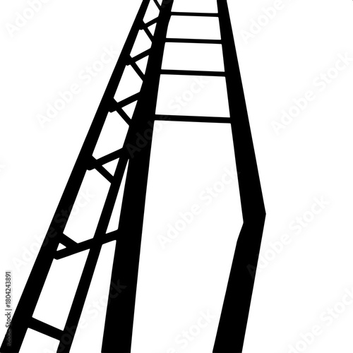 A stylized black silhouette of a ladder viewed from a low perspective, making it appear taller and more dramatic, with bold lines and sharp edges, set against a clean and empty white background that c