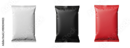 Wallpaper Mural Set of three blank snack packaging bags in white, black, and red colors on a transparent background. Ideal for food branding, product design, and packaging mockup concepts Torontodigital.ca